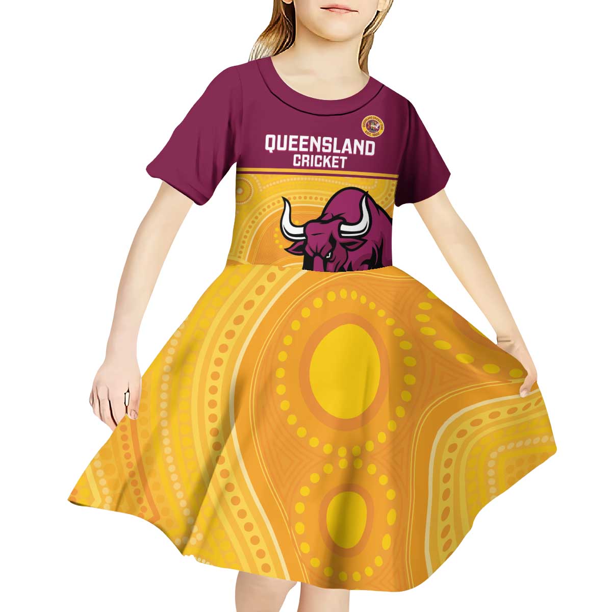 Custom Australia Queensland Cricket Kid Short Sleeve Dress Go Bulls - Aboriginal Art