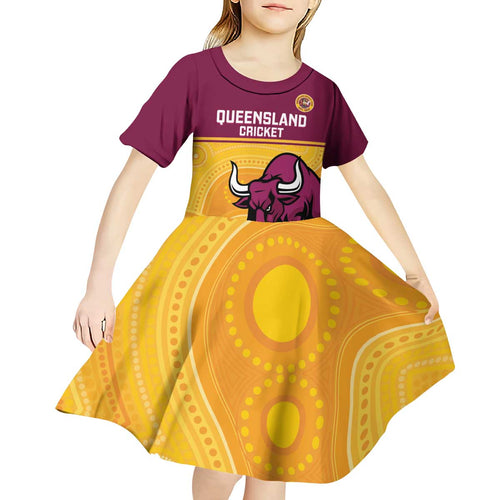 Custom Australia Queensland Cricket Kid Short Sleeve Dress Go Bulls - Aboriginal Art