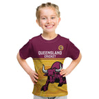 Custom Australia Queensland Cricket Kid T Shirt Go Bulls - Aboriginal Art