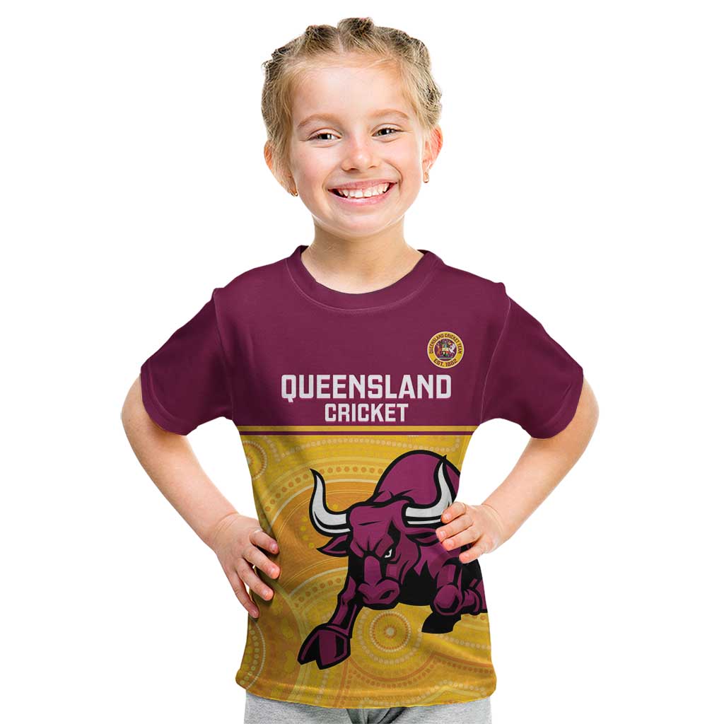 Custom Australia Queensland Cricket Kid T Shirt Go Bulls - Aboriginal Art