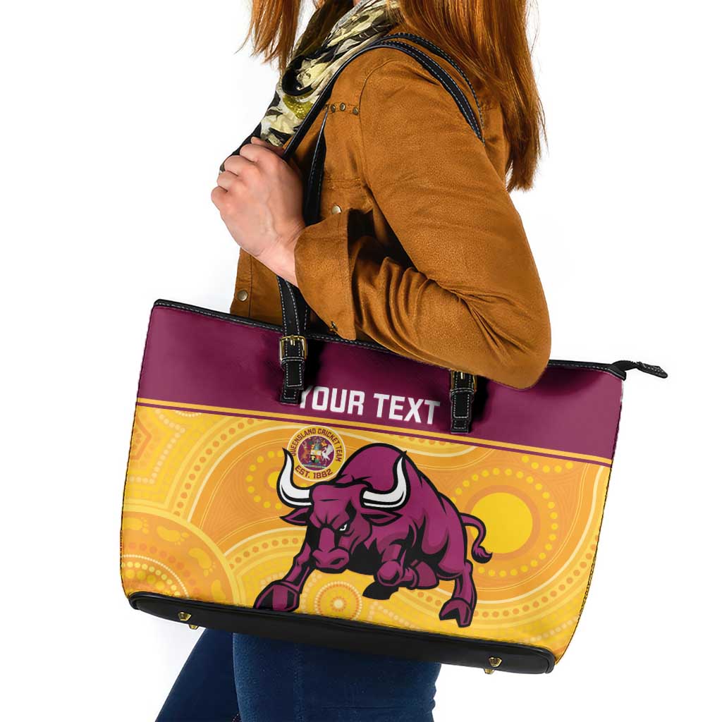 Custom Australia Queensland Cricket Leather Tote Bag Go Bulls - Aboriginal Art