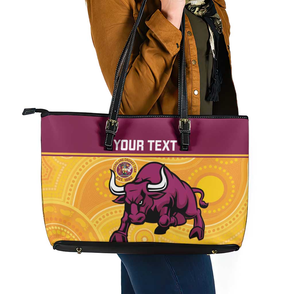 Custom Australia Queensland Cricket Leather Tote Bag Go Bulls - Aboriginal Art