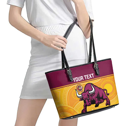 Custom Australia Queensland Cricket Leather Tote Bag Go Bulls - Aboriginal Art
