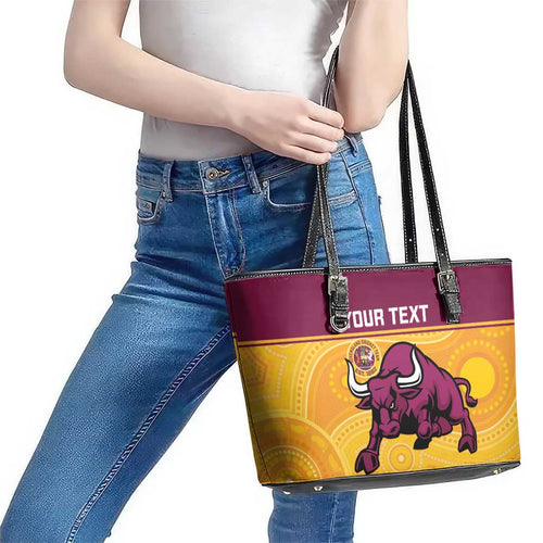 Custom Australia Queensland Cricket Leather Tote Bag Go Bulls - Aboriginal Art