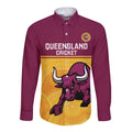 Custom Australia Queensland Cricket Long Sleeve Button Shirt Go Bulls - Aboriginal Art