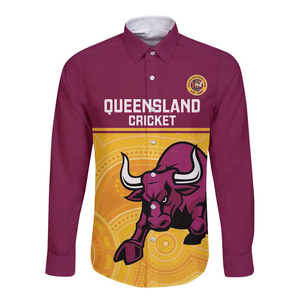Custom Australia Queensland Cricket Long Sleeve Button Shirt Go Bulls - Aboriginal Art