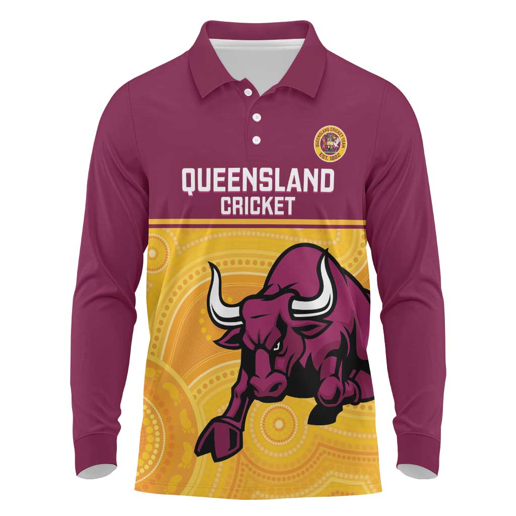 Custom Australia Queensland Cricket Long Sleeve Polo Shirt Go Bulls - Aboriginal Art