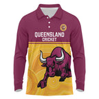 Custom Australia Queensland Cricket Long Sleeve Polo Shirt Go Bulls - Aboriginal Art