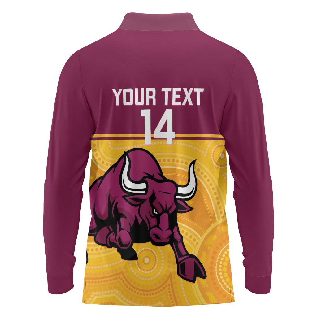 Custom Australia Queensland Cricket Long Sleeve Polo Shirt Go Bulls - Aboriginal Art