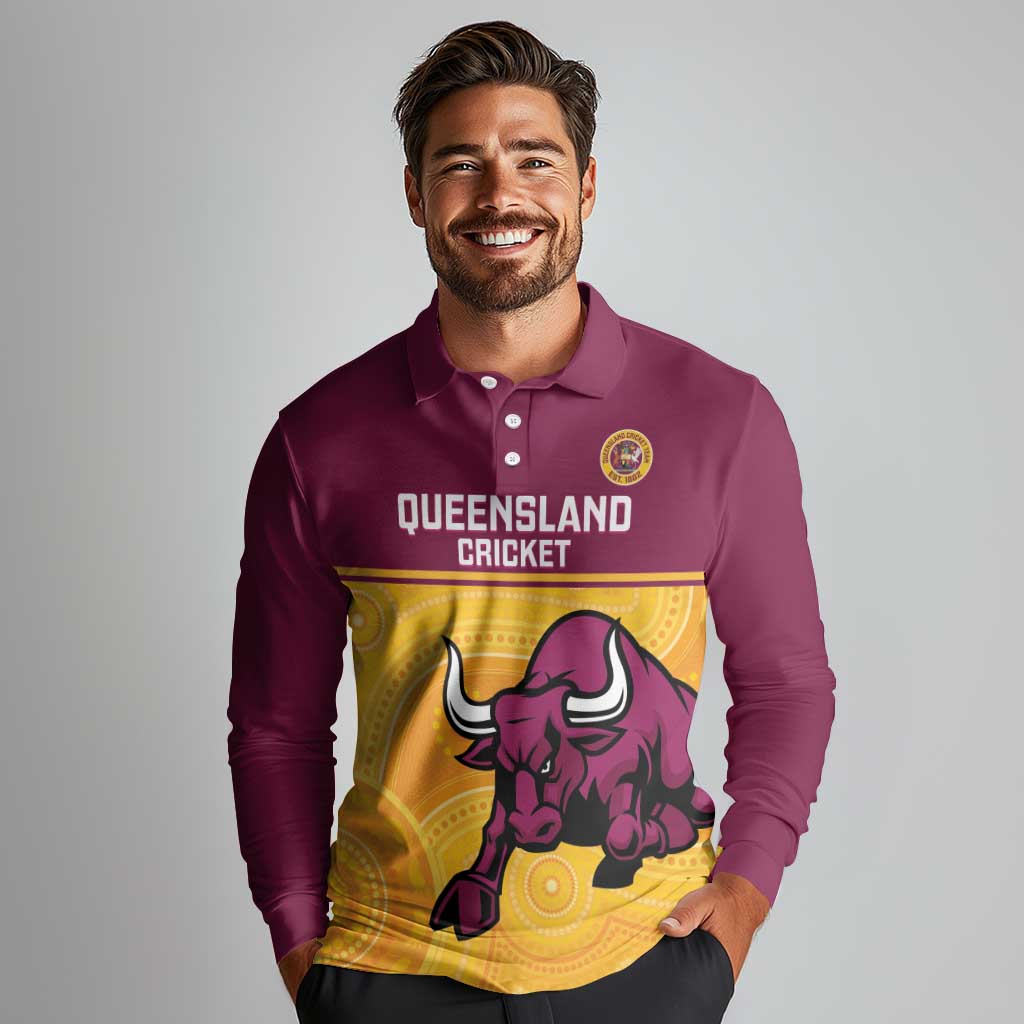 Custom Australia Queensland Cricket Long Sleeve Polo Shirt Go Bulls - Aboriginal Art