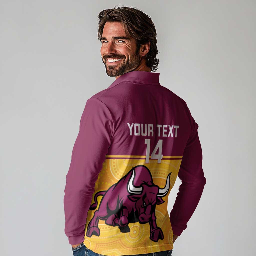 Custom Australia Queensland Cricket Long Sleeve Polo Shirt Go Bulls - Aboriginal Art