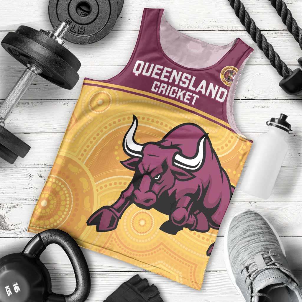 Custom Australia Queensland Cricket Men Tank Top Go Bulls - Aboriginal Art