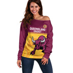 Custom Australia Queensland Cricket Off Shoulder Sweater Go Bulls - Aboriginal Art