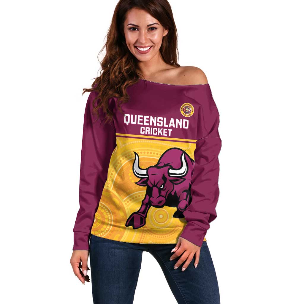 Custom Australia Queensland Cricket Off Shoulder Sweater Go Bulls - Aboriginal Art