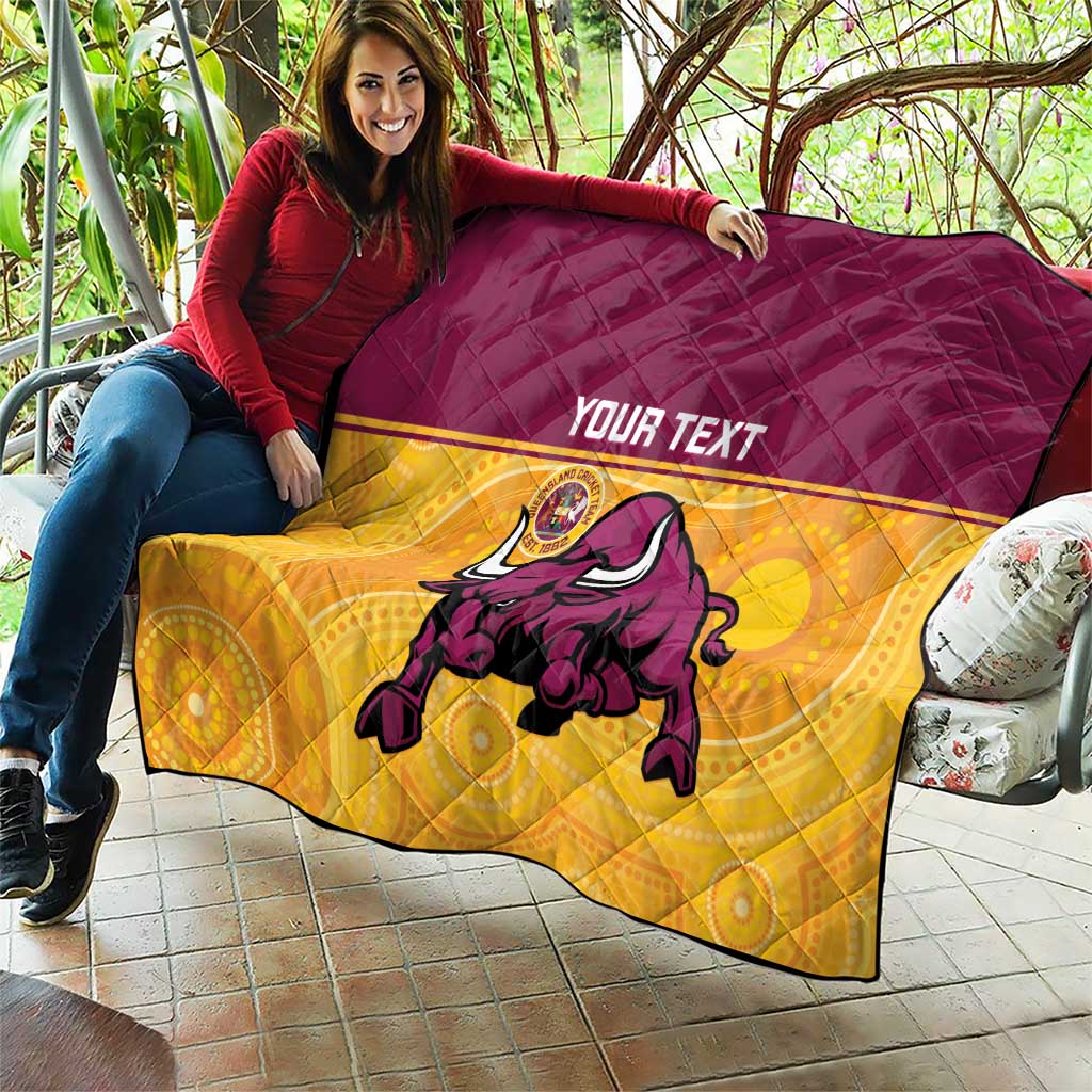 Custom Australia Queensland Cricket Quilt Go Bulls - Aboriginal Art