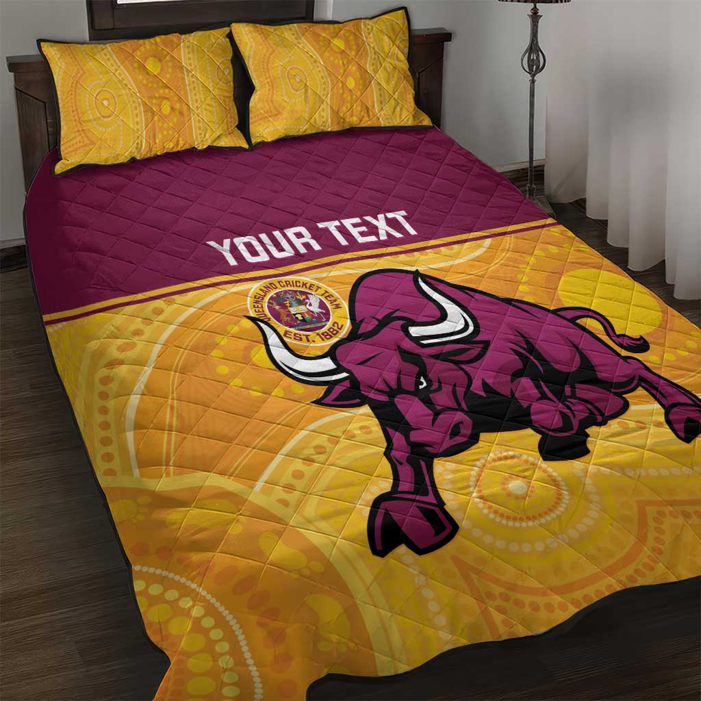 Custom Australia Queensland Cricket Quilt Bed Set Go Bulls - Aboriginal Art