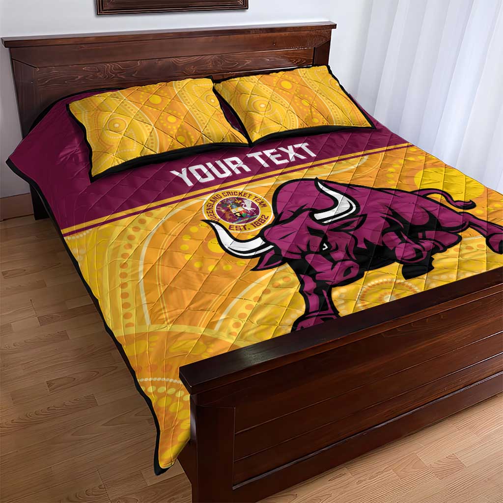 Custom Australia Queensland Cricket Quilt Bed Set Go Bulls - Aboriginal Art