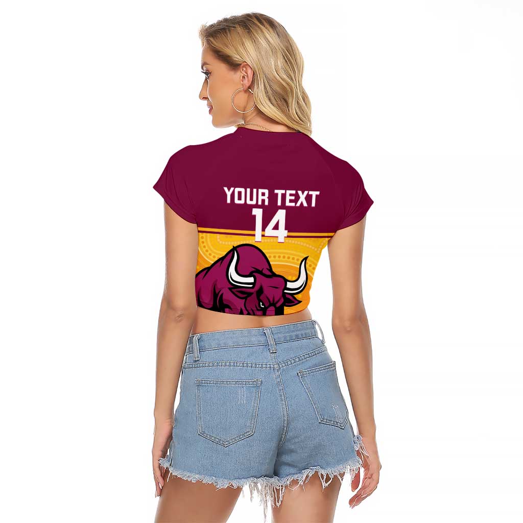 Custom Australia Queensland Cricket Raglan Cropped T Shirt Go Bulls - Aboriginal Art