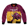 Custom Australia Queensland Cricket Sleeve Zip Bomber Jacket Go Bulls - Aboriginal Art