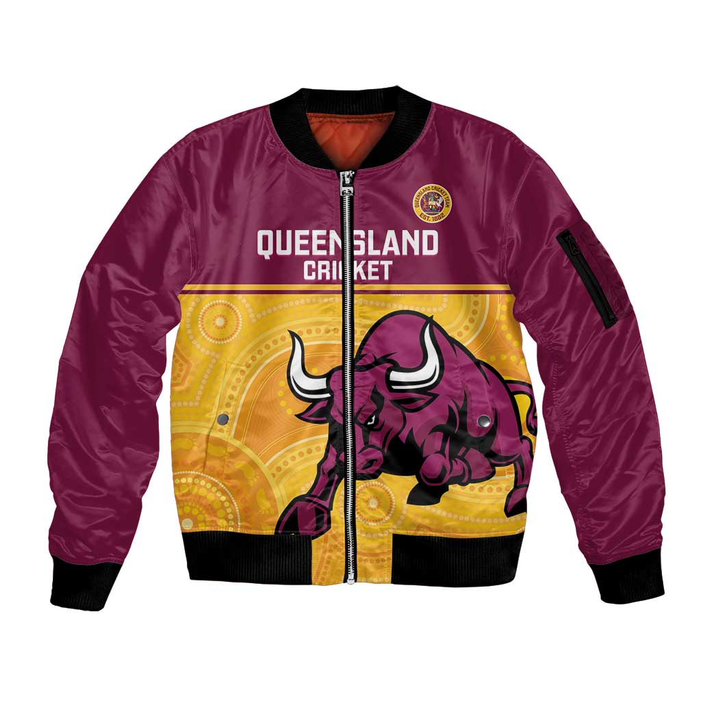 Custom Australia Queensland Cricket Sleeve Zip Bomber Jacket Go Bulls - Aboriginal Art