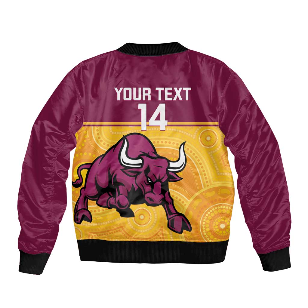 Custom Australia Queensland Cricket Sleeve Zip Bomber Jacket Go Bulls - Aboriginal Art