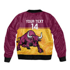 Custom Australia Queensland Cricket Sleeve Zip Bomber Jacket Go Bulls - Aboriginal Art