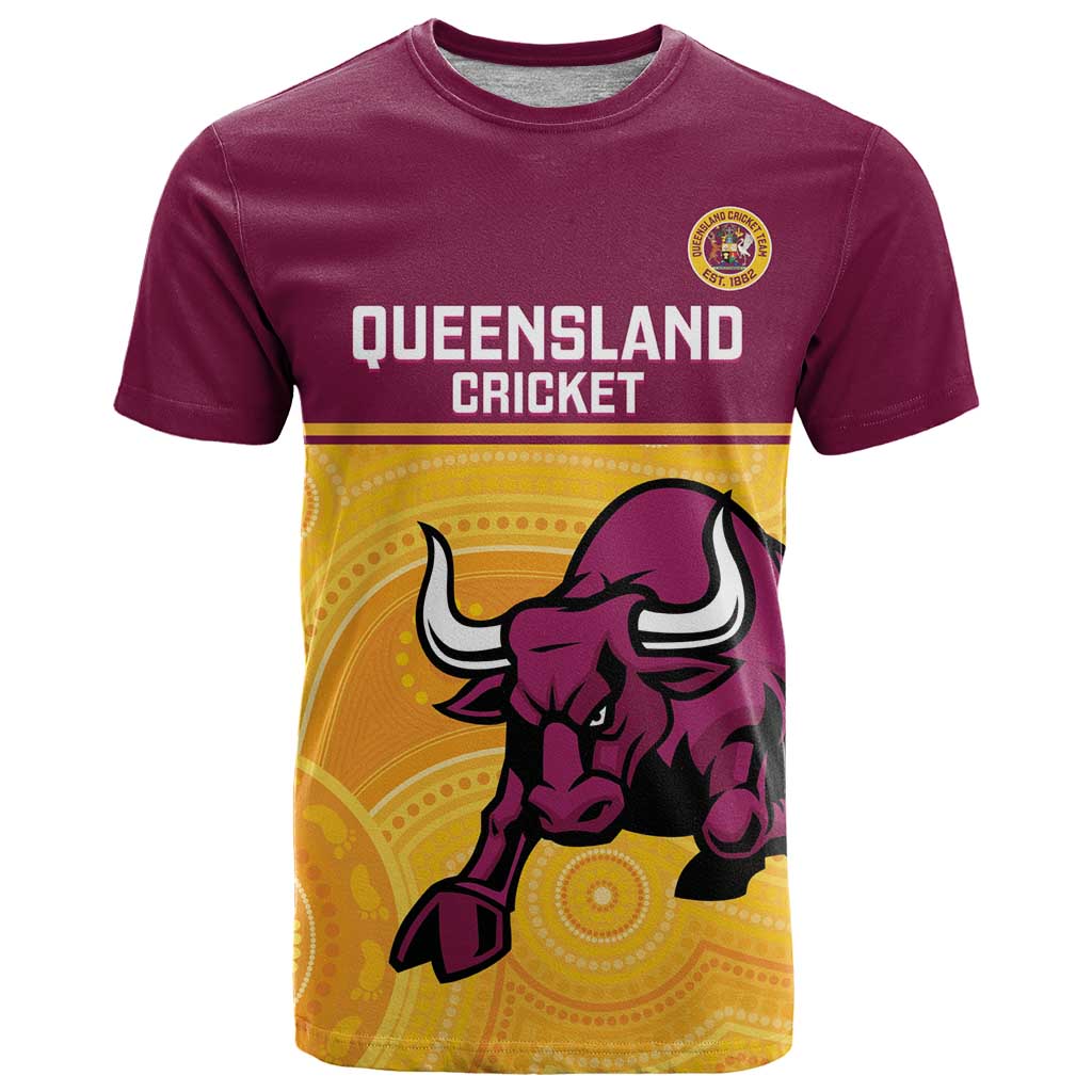 Custom Australia Queensland Cricket T Shirt Go Bulls - Aboriginal Art