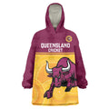 Custom Australia Queensland Cricket Wearable Blanket Hoodie Go Bulls - Aboriginal Art