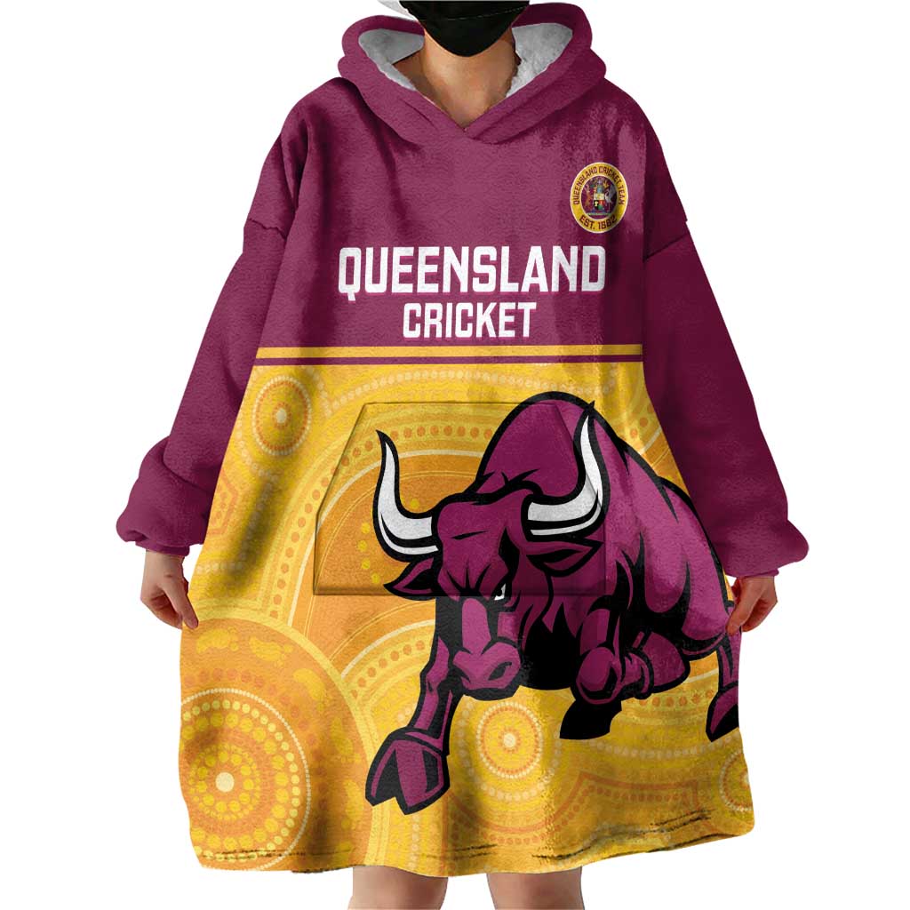 Custom Australia Queensland Cricket Wearable Blanket Hoodie Go Bulls - Aboriginal Art