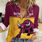 Custom Australia Queensland Cricket Women Casual Shirt Go Bulls - Aboriginal Art