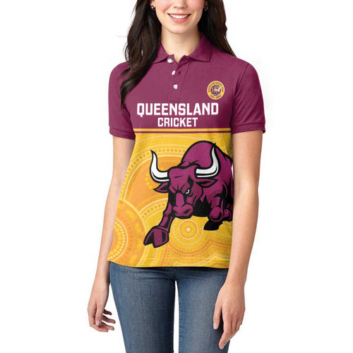 Custom Australia Queensland Cricket Women Polo Shirt Go Bulls - Aboriginal Art