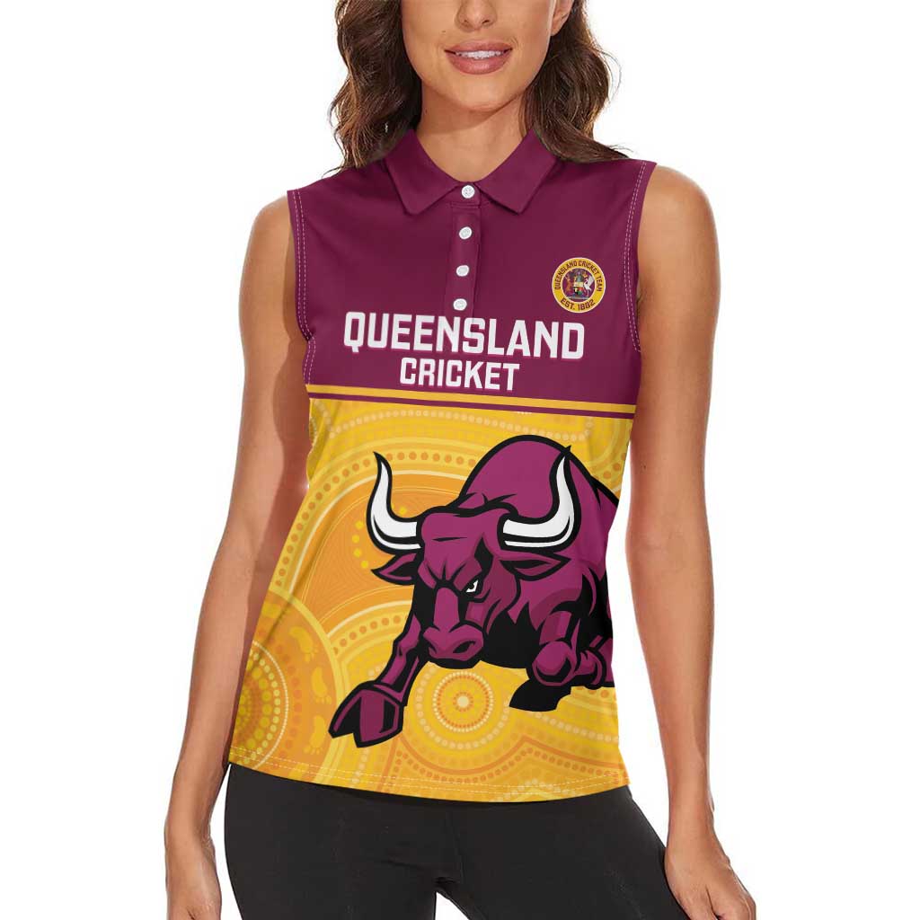 Custom Australia Queensland Cricket Women Sleeveless Polo Shirt Go Bulls - Aboriginal Art