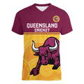 Custom Australia Queensland Cricket Women V-Neck T-Shirt Go Bulls - Aboriginal Art
