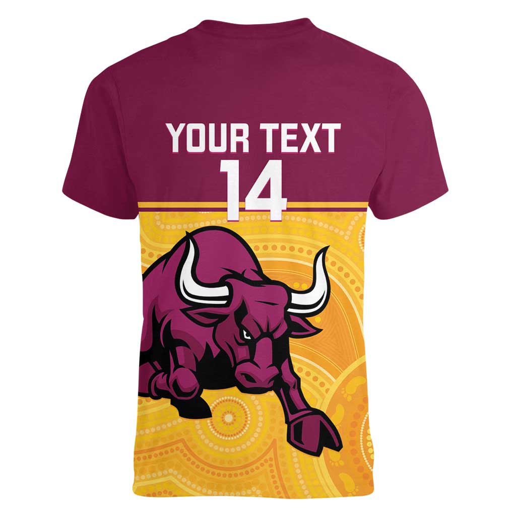 Custom Australia Queensland Cricket Women V-Neck T-Shirt Go Bulls - Aboriginal Art