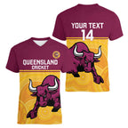 Custom Australia Queensland Cricket Women V-Neck T-Shirt Go Bulls - Aboriginal Art