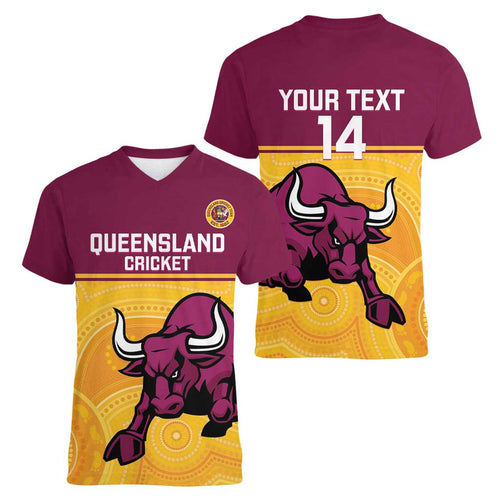 Custom Australia Queensland Cricket Women V-Neck T-Shirt Go Bulls - Aboriginal Art