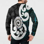 Aotearoa Koru Button Sweatshirt Cyan Maori Paua Shell Mix Silver Fern