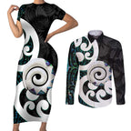 Aotearoa Koru Couples Matching Short Sleeve Bodycon Dress and Long Sleeve Button Shirt Cyan Maori Paua Shell Mix Silver Fern