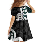 Aotearoa Koru Family Matching Off Shoulder Short Dress and Hawaiian Shirt Cyan Maori Paua Shell Mix Silver Fern
