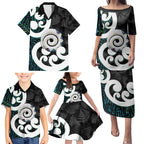 Aotearoa Koru Family Matching Puletasi and Hawaiian Shirt Cyan Maori Paua Shell Mix Silver Fern