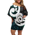 Aotearoa Koru Off Shoulder Short Dress Cyan Maori Paua Shell Mix Silver Fern