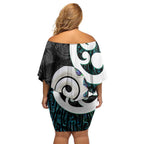 Aotearoa Koru Off Shoulder Short Dress Cyan Maori Paua Shell Mix Silver Fern