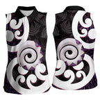 Aotearoa Koru Women Sleeveless Polo Shirt Purple Maori Paua Shell Mix Silver Fern