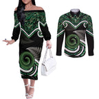 Koru Pounamu Aotearoa Couples Matching Off The Shoulder Long Sleeve Dress and Long Sleeve Button Shirt Maori Paua Shell Mix Silver Fern