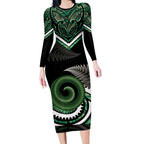 Koru Pounamu Aotearoa Long Sleeve Bodycon Dress Maori Paua Shell Mix Silver Fern