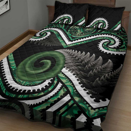 Koru Pounamu Aotearoa Quilt Bed Set Maori Paua Shell Mix Silver Fern