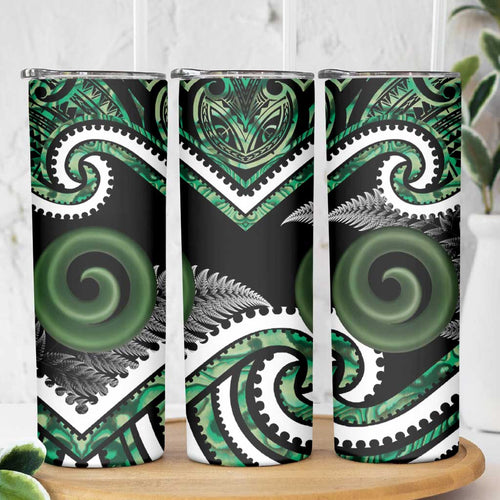 Koru Pounamu Aotearoa Skinny Tumbler Maori Paua Shell Mix Silver Fern