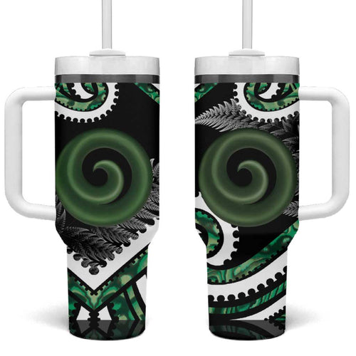 Koru Pounamu Aotearoa Tumbler With Handle Maori Paua Shell Mix Silver Fern