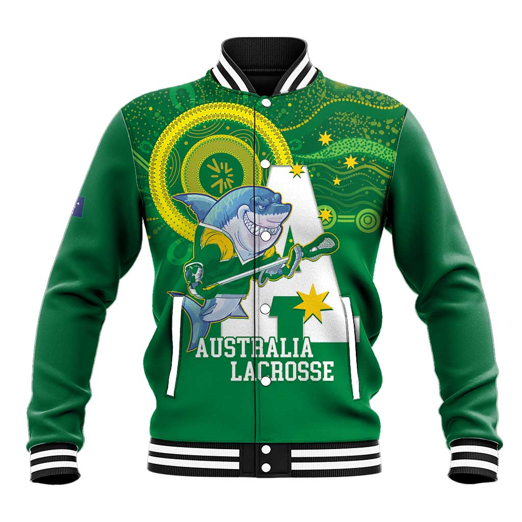 Custom Australia Lacrosse Baseball Jacket Go Aussie Shark Aboriginal Art