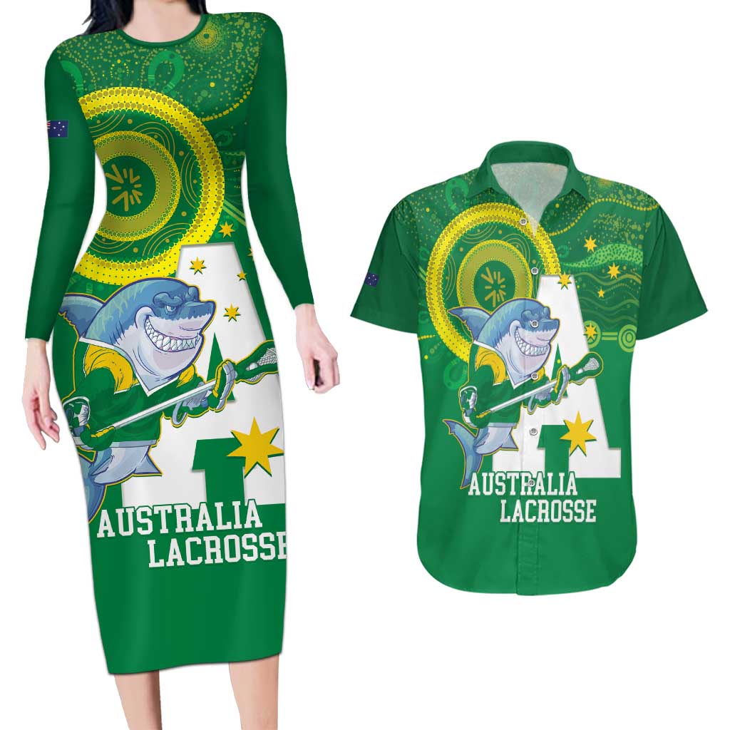 Custom Australia Lacrosse Couples Matching Long Sleeve Bodycon Dress and Hawaiian Shirt Go Aussie Shark Aboriginal Art